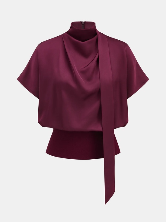 Commense Tops - 203 Draped Satin Mock Neck Blouse with Tie